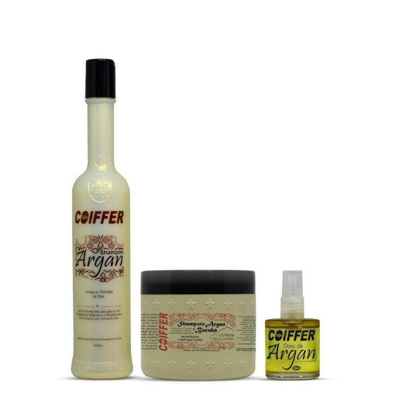 Kit Argan Coiffer (3un) Para Cabelos Secos Máscara, Shampoo e Condicionador