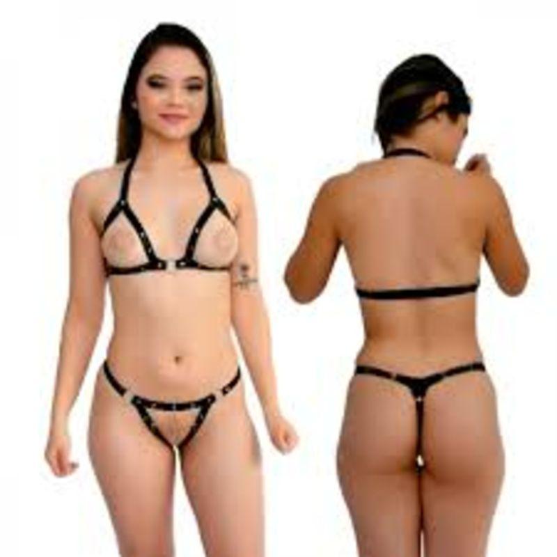Lingerie Conjunto 4 Piriguete Couro Preto Garji